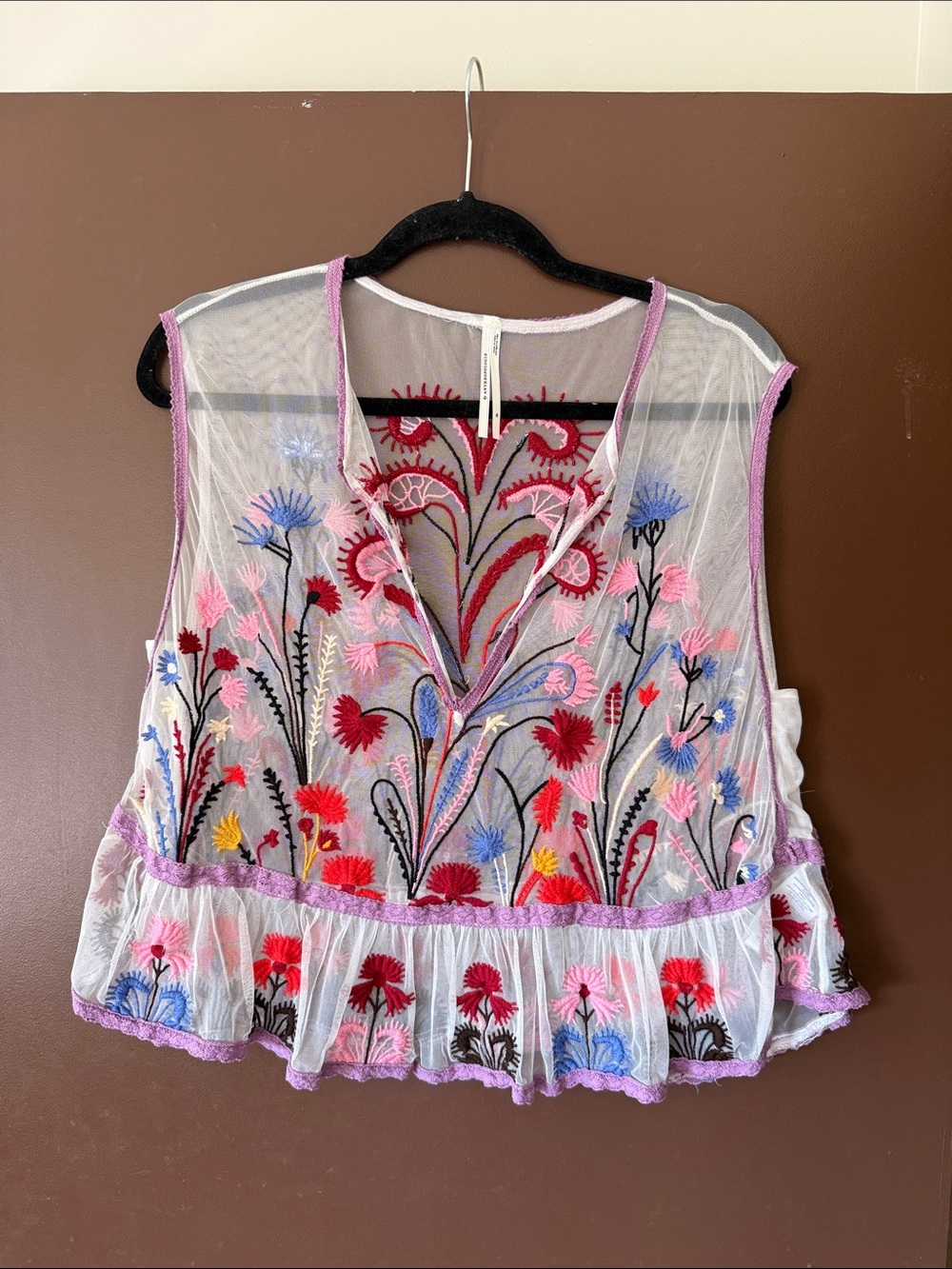 Anthropologie Sheer Embroidered Floral Camisole Top